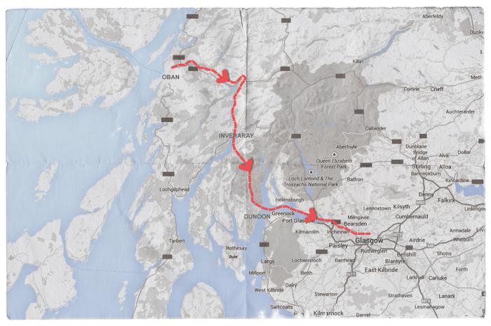 Map of Mendelssohn's Journey from Oban to Glasgow, via Inveraray and Dunoon