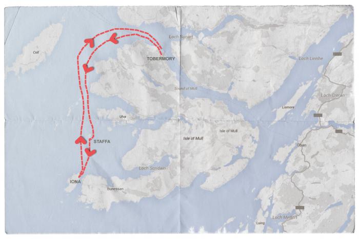 Map of Mendelssohn's Journey from Tobermory to Staffa (visiting Fingal's Cave) and Iona, and back.