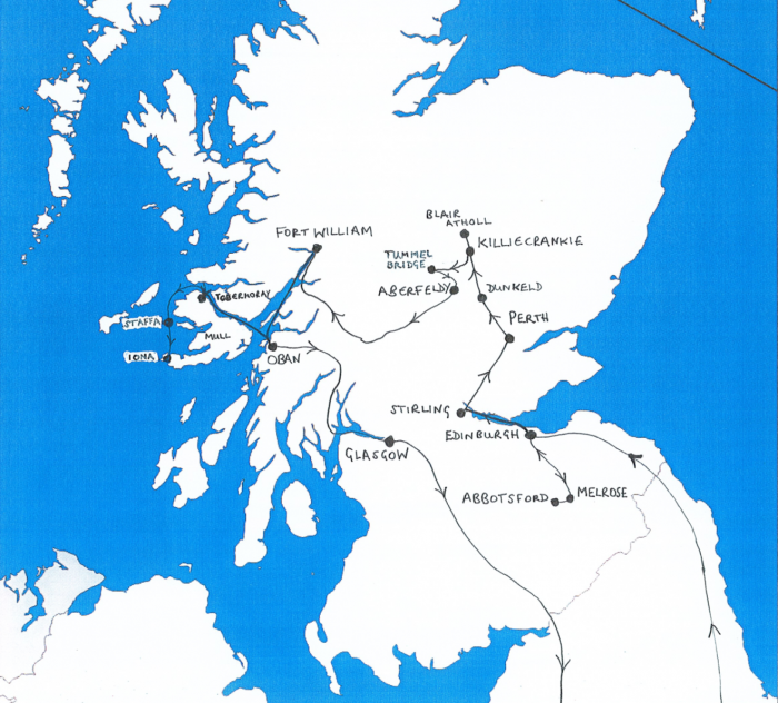 Map of Scotland showing route taken by Mendelssohn and Klingemann in 1829